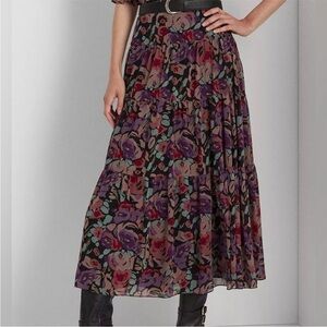 Lauren Ralph Lauren Georgette Maxi Skirt Floral Womens 8 Tiered Dark Romantic